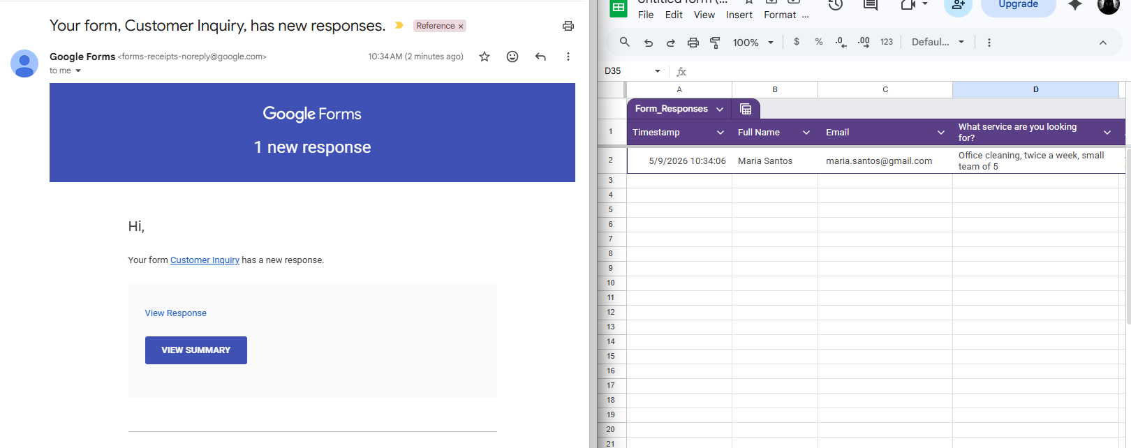Gmail notification and Google Sheet showing a matching form response