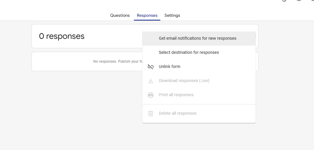 Google Forms menu showing Get email notifications for new responses