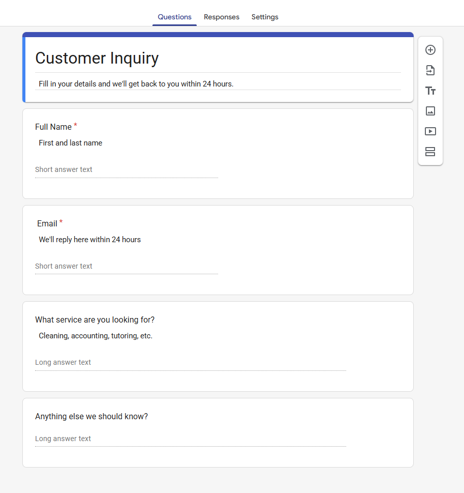 Google Forms editor with a customer inquiry form and four basic fields