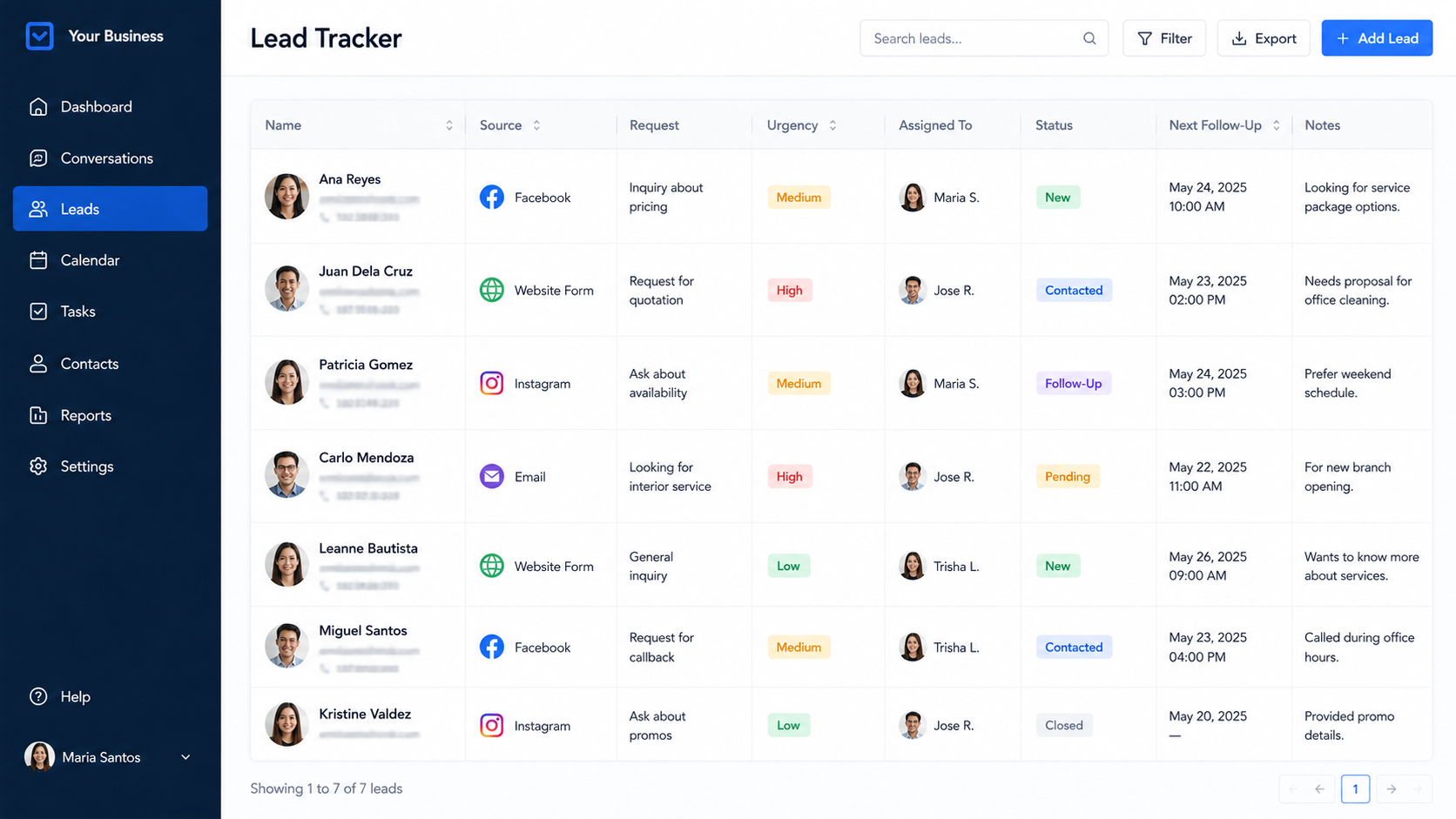 Small business lead tracker table with source, request, urgency, status, and follow-up fields