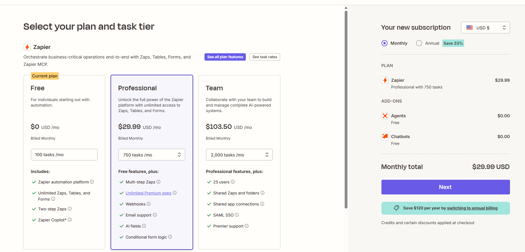 Zapier pricing page screenshot