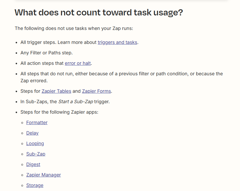 Zapier task usage documentation screenshot
