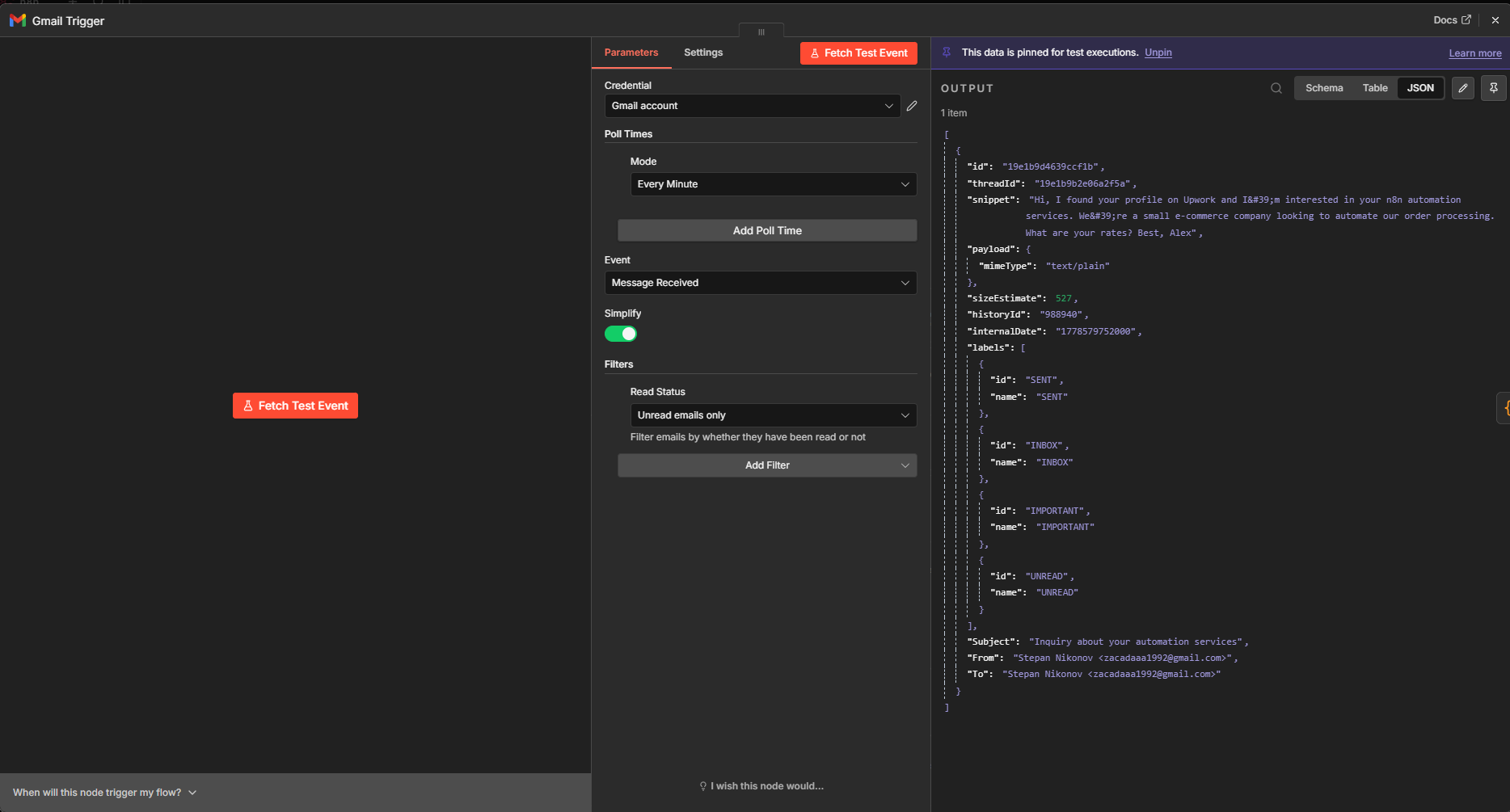 Gmail Trigger node with pinned test event data
