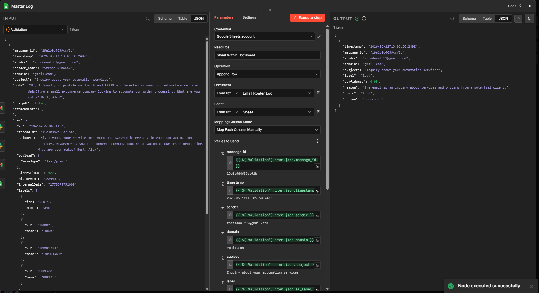 Master Log Google Sheets node in n8n