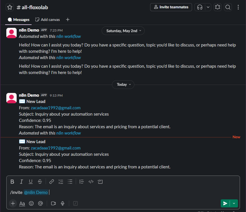 Slack message for a new lead