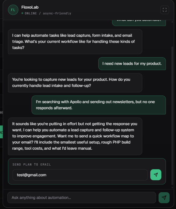 FloxoLab AI chat intake collecting context from a website visitor
