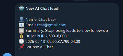 Private admin alert for a new AI chat lead