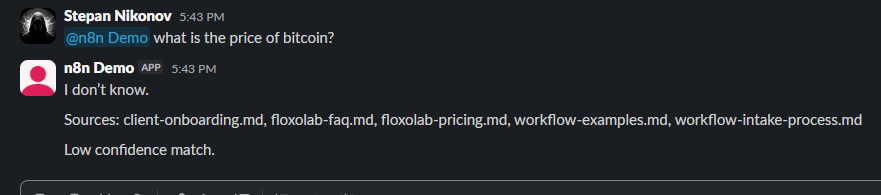 Slack bot low confidence response when the answer is not found in the approved documents