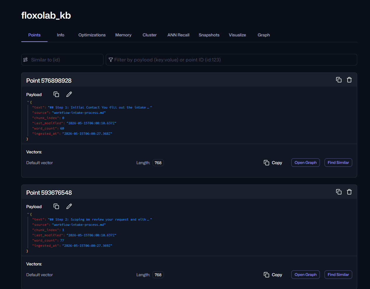 Qdrant collection showing stored knowledge chunks with text source chunk index and vector length