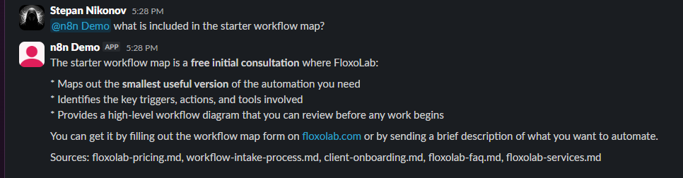 Slack question and bot answer showing sources from approved knowledge files